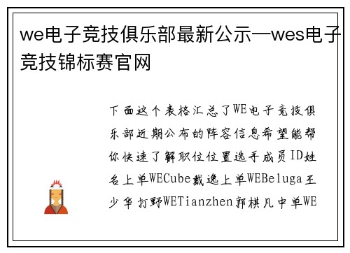 we电子竞技俱乐部最新公示—wes电子竞技锦标赛官网