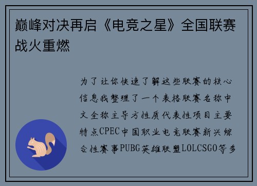 巅峰对决再启《电竞之星》全国联赛战火重燃